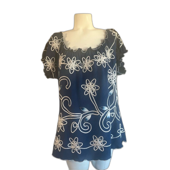 Vintage Lauren Michelle Petite Blue White Floral Blouse PL Large - Picture 1 of 8